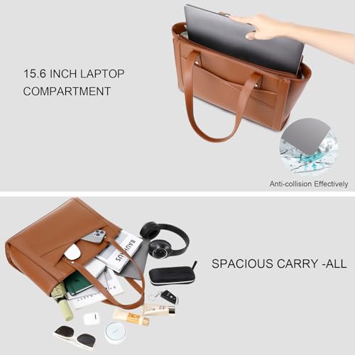Image of MYHOZEE Work Tote Bag for Women PU Leather 15.6 Inch Laptop Bag | 3 Compartment, Large Capacity, Fits A4 folders, Purse Handbag for Office Work College Bussiness Travel Daily Used