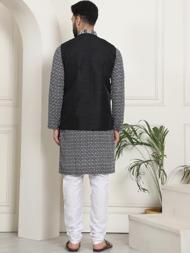 Image of SOJANYA (Since 1958 Men's Cotton Contrast Embroidered Kurta and White Pyjama with Embroidered Nehru Jacket