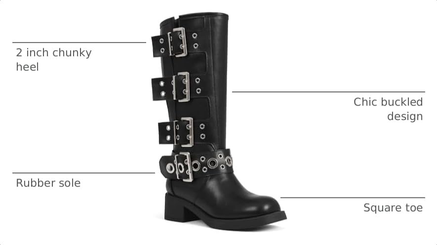 Image of AMINUGAL Knee High Boots Women Square Toe Pull On Wide Calf Riding Fashion Buckles Chunky Metallic Casual Vintage Buckle Rivet