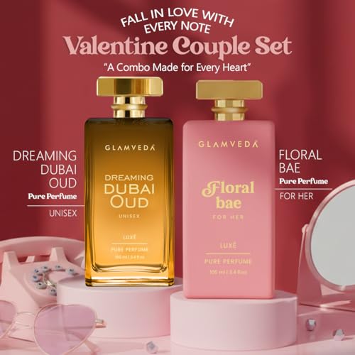 Image of Glamveda Valentine Luxury Perfume Couple Gift Set | Floral Bae & Dubai Oud Long Lasting 2x100ml | Valentine Day Gift for Her & Him | Floral, Fruity & Oud Premium Pure Perfume for Man & Woman