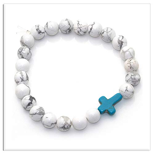 Image of Xusamss Fashion Religious Cross Bracelet 8mm Tiger Eye Turquoise Beads Elastic Bracelet,7 1 /2 wrist