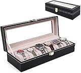 COLIBROX 6 Slot Leather Watch Box Display Case Organizer Glass Top Jewelry Storage New