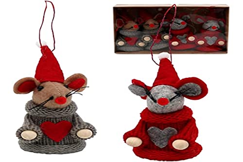 Dekohelden24 Lot de 4 pendentifs en Forme de Souris de Noël en Tissu et Tricot Gris/Rouge Env. 5 x 5 x 9,5 cm Cover