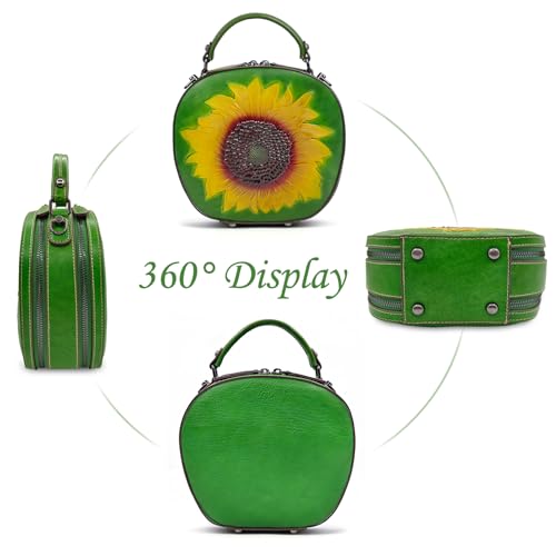Genuine Leather Vintage Bag for Women: Cowhide Leather Crossbody Purse - Sunflower Embossed Handbag3