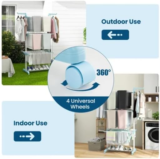 Blue 4-Tier Foldable Clothes Drying Rack with Wheels, Heavy Duty Metal Laundry Hanger Stand for Indoor Outdoor Use