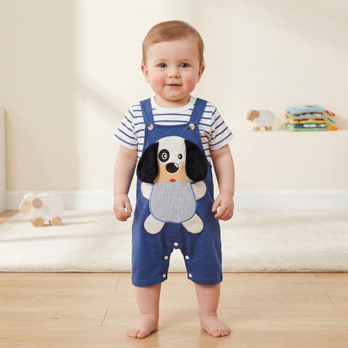 Image of Baby Boy Clothes Striped Romper Cartoon Overall Set 0-18M | Soft Breathable Cotton Romper And Animal Cartoon Overall Shorts Set Offering All-Day Comfort, Daily Wear, Machine Washable