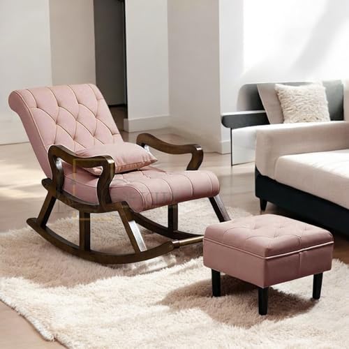 Image of CRAFTCITY Sheesham Wood Elegant Chair with Pillow and Matching Foot Stool /Living Room Chair /Rose Wood Rocking Chair,Pre-Assembled (Pink, Rocking Chair with Ottoman)