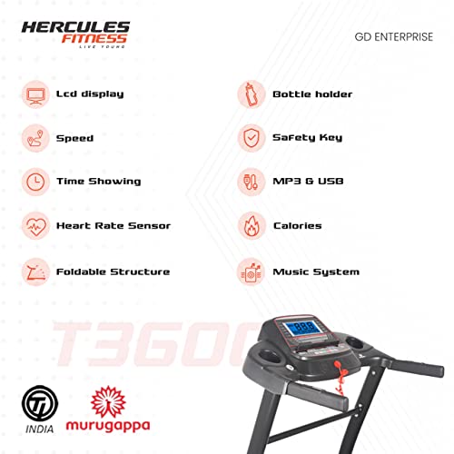 Image of GD Hercules Fitness Equipment | T 3600 3.5 HP Peak DC Motorized Treadmill | 15 Level Auto Incline | Home Cardio | Max Speed 16 Km /Hr | Max User Weight 120 Kg | Free Installation Assistance