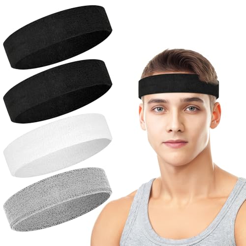 4 Pack Cotton Terry Sweat Headbands for Men Women Running Gym