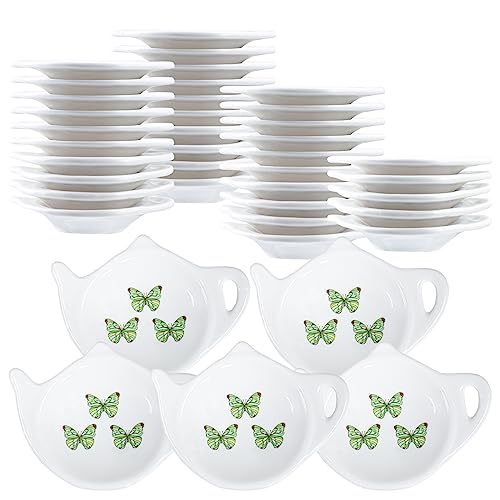 Bicuzat Green Butterfly Pattern Tea Bag Holder Tea Porcelain Accessories Teapot Shaped Tea Bag Coaster Resting Caddy Saucer 4 Inch-3 Butterfly-Set of 40