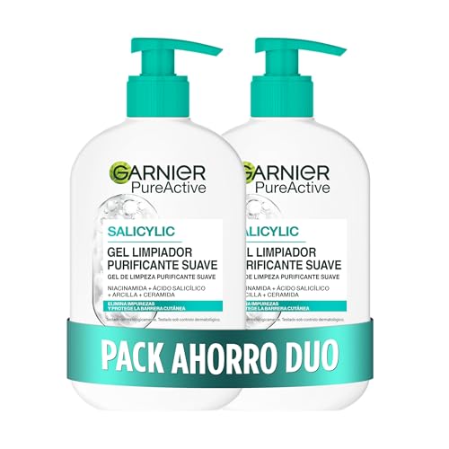 Garnier Pure Active Pack x2 Gel limpiador Purificante con Ácido Hialurónico, Ceramida y Arcilla, Elimina Impurezas, Grasa y Maquillaje, 2 x 250ml