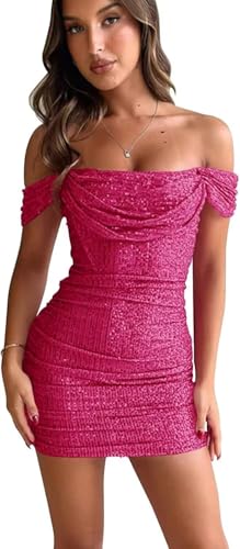 Sequin Homecoming Dresses for Teens Short Hot Pink HOCO Dresses 2025 Off Shoulder Cocktail Party Dress US 0