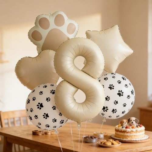 Image of 8th Birthday Dog Paw Balloons Set,18'' Paw Prints, Heart,Star,Paw Shaped Foil Balloon 40 Inch Cream Number 8 Helium balloons for Puppy Themed Third Anniversary Birthday Party Decorations Supplies 6PCS