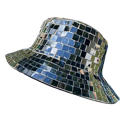 Onlynery Bucket Hat, Glitter Mirror Disco Fischerhut, Discokugel Hüte für DJ, Bucket Hat Cap mit Glitzer Pailletten für Club Cover