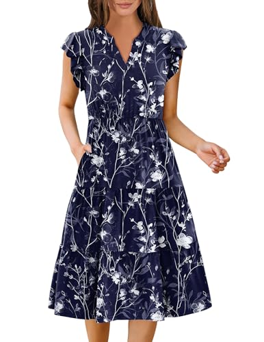 Image of ZEAGOO Womens Summer Casual Dresses Ruffle Sleeve V Neck Midi Dress Flowy Tiered Dress with Pockets Boho Sundresses