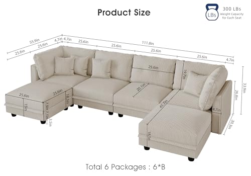 Image of LLappuil 112 inch Modular Sectional Sofa with Storage, U Shaped 6-Seat Corduroy Couch with 6 Throw Pillows, Convertible Sofa Set for Living Room & Apartment, Skin-Friendly & Soft, Beige