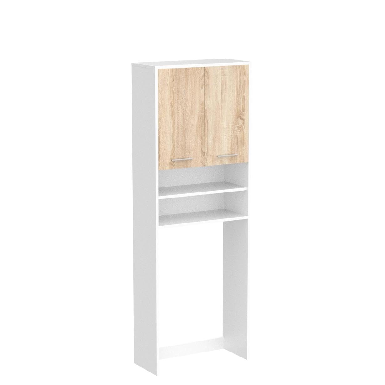 AKORD | Armadio Pensile per Lavatrice | Armadio di trasformazione con 2 ante, 2 Ripiani Aperti | Archivio per bagno | Cassettiera per lavatrice | 64x180x30 cm | Peso 30 kg | Bianco/Rovere Sonoma
