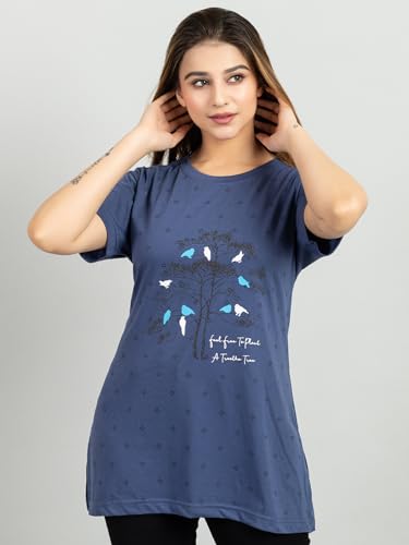 Image of Magknit Fancy Printed Both Side Cut Cotton Blend Half Sleeves and Lightwiegt Trendy Summer Long T Shirt for Women