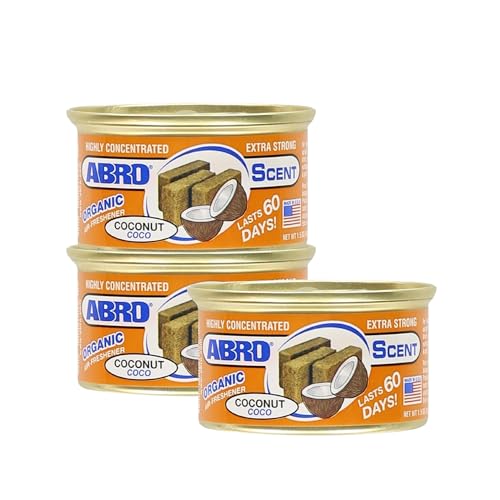 Image of ABRO Car Air Freshener Cans: Spill Proof Air Fresheners for Home, Office, or Car Accessories, Lasts Up to 60 Days - 3 Pack Coconut Scent