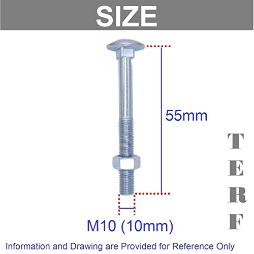 TERF® M10 X 55mm Cup Square Carriage Bolt and Nut M10 (10mm) X 55mm Coach Bolts with Hexagon Nuts - Pack of 4 - Image 3