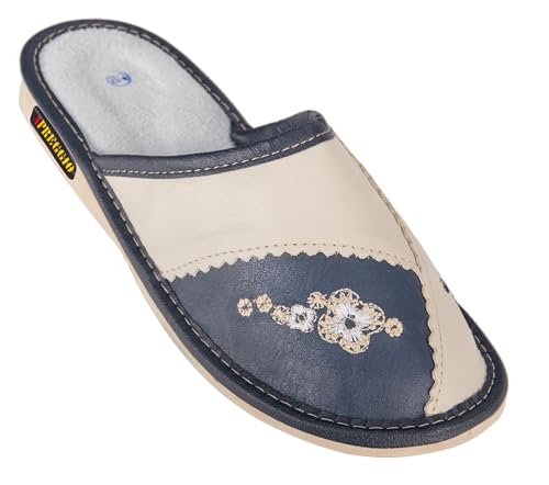 APREGGIO Pantoufles Femme Cuir – Chaussons Pratiques et Confortables – Fait Main – Bleu – Taille 37