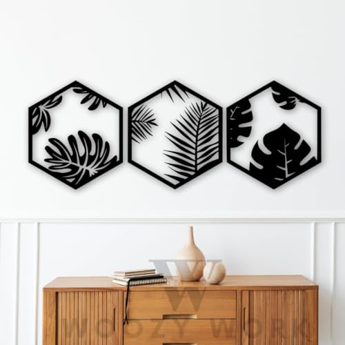 woozy work three leaf Elements Amazing Wall Art, Hanging Art Home Decor for Living Room, Set of 3 Gift Pack,Restaurant decor Kitchen, Kids Room, Wall Decor, Black wooden art for Office Wall