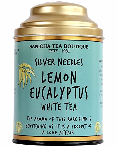Image of Sancha Tea Boutique Lemon Eucalyptus White Tea 75g | Pure Silver Needle Tea Buds | Blended with Real Eucalyptus Leaves | Low Caffeine | Premium Loose Leaf