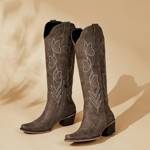 Image of wetkiss Knee High Cowboy Boots for Women, Stable and Comfortable | Western Style,Cowgirl Boots,Versatile,Pull On,Various Occasions,Non-slip Sole,Bohemian Rural Style