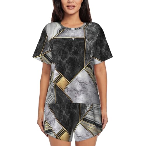 Ensemble pyjama motif marbre noir 2 pièces pour femme aux finitions premium