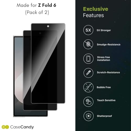Image of Casecandy - (2 Pack Privacy Tempered Glass Screen Protector for Samsung Z Fold 6 - HD Anti-Spy Glass Guard for Front Display, Scratch Resistant, Bubble-Free Installation
