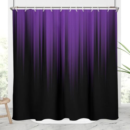 Image of AAtter Purple and Black Ombre Shower Curtain 72x72 Inch, Dark Gothic Aesthetic Polyester Fabric Bathroom Decor with 12 Hooks, Moody Abstract Striped Bathtub Set