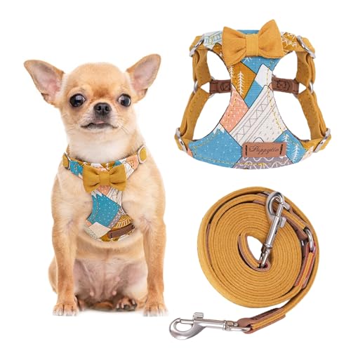 Puppytie No Pull xs Dog Harness with Multifunction Dog Leash,Soft Adjustable No Choke Escape Proof Pet Harness Vest,Suede Bow Yellow,XXS
