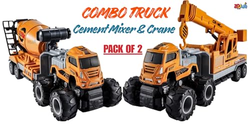 Image of 1:43 Scale Diecast Construction Truck Set [Pack of 2] - Metal Crane Truck & Cement Mixer Toy, Alloy Miniature Vehicles with Friction Power, Birthday Gift for Kids Boys Girls