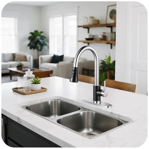 Image of Black & Chrome Kitchen Faucet with Pull Down Sprayer and Deck Plate | SUS 304 Stainless Steel, Single Handle, 3 Spray Modes, 360 Swivel Spout, RV Laundry Bar Sink, Deck Plate, NSF372 NSF61 cUPC