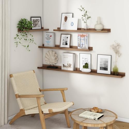 Image of Genuine Decor 72 Inch Walnut Solid Wood Floating Wall Shelf, Extra Long Wall Mounted Shelf