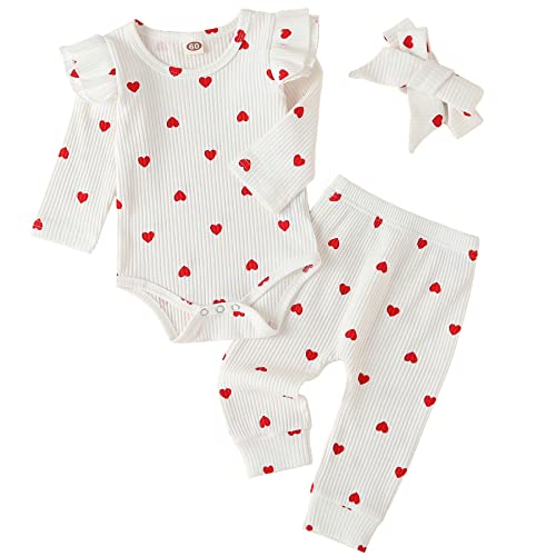 Image of Fullfamous Baby Girl's 3pc Rib Frill Long Sleeve Romper and Pant Set