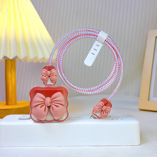 Image of skysia Cute Bow Design 4-in-1 Charger Case | Transparent Cable Protector, Case Cover, and Spiral Cable Protector for Apple 18W-20W USB-C Adapter (Pack of One) (Multi Colored) (Pink)
