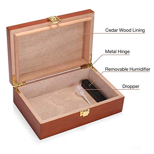 Woodronic Handmade Humidor Cigar Box Spanish Cedar Lining for 6 to 10 Counts, Desktop Cigar Case Gift Set with Humidifier, Mahogany Finish with Inlay