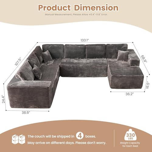 Image of HOOOWOOO Cloud Sectional Couches for Living Room,Modular Sectional Sofa No Assembly,133X108 Inch Plush Corduroy Large U Shaped Floor Couch Set with Deep Seat Right Chaise(Gray)