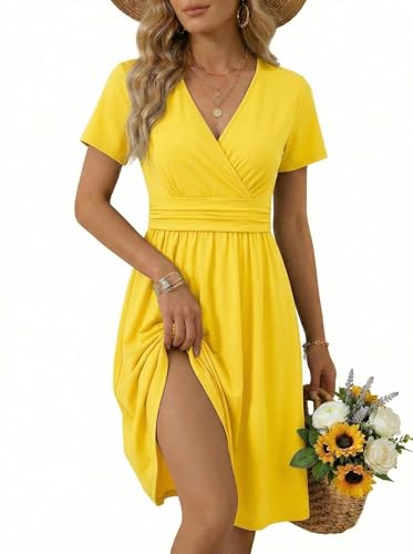 Image of OUGES Casual Summer Dress for Women Wrap V Neck A Line Midi Dresses with Pockets