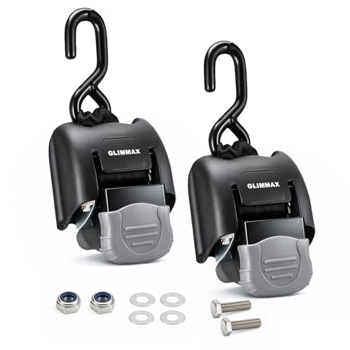 GLIMMAX Retractable Boat Transom Tie Down Straps 2 x 43 Inch 2500 lbs Break Strength 833 lbs Safe Working Load Limit 2-Pack Trailer Ratchet Straps for Brackish or Saltwater Environments