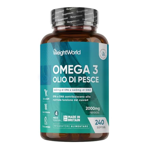 PERCHÉ SCEGLIERE OMEGA - 3 DI WEIGHTWORLD? - L'omega 3 integratore WeightWorld contiene olio di pesce certificato IFOS. Inoltre, a differenza di prodotti simili, queste olio di pesce omega 3 capsule softgel (fish oil omega 3 in inglese) da 2000mg per dose forniscono ben 660mg di EPA e 440mg di DHA, degli acidi grassi essenziali. Gli integratori omega 3 WeightWorld contengono 240 softgel facili da deglutire per una pratica fornitura di 4 mesi.