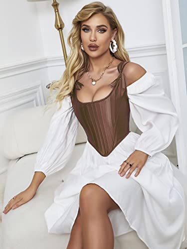 Image of Dreay Womens Vintage Asymmetrical Hem Overbust Corset Tie Front Lace-up Back Bustier Shapewear Top