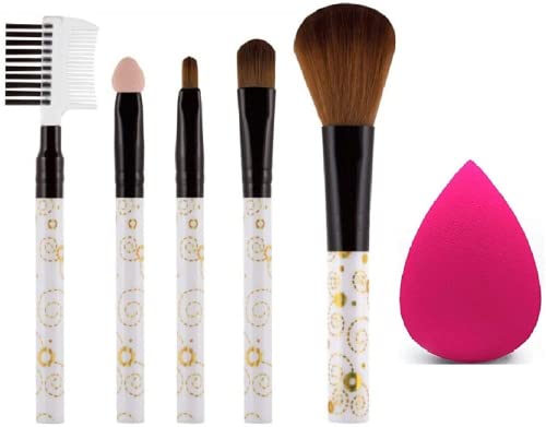 KAYI Women’s & Girl’s Soft Bristles 5 Pcs White Light Weight Mini Makeup Brushes Set with 1 Pink Beauty Blender – (Pack of 6)
