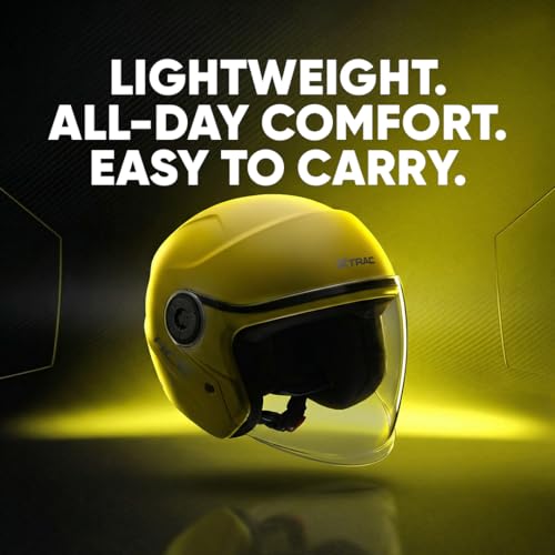 Image of Xtrac Ace ISI Certified Open Face Helmet for Men & Women | Half Face Bike Helmet with Scratch-Resistant Clear Visor | Lightweight ABS Shell | Quick Release Buckle | Yellow - L