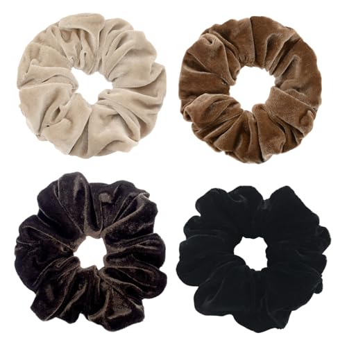 4 Pack Large Velvet Scrunchies for Women Hair Scrunchies for Thick Long Hair No Damage Hair Ties for Women & Girls (Neutral Color)
