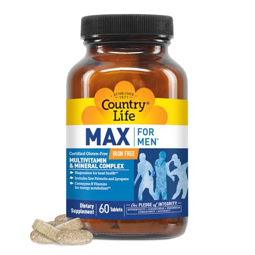 Country Life Max for Men, Multivitamin & Mineral complex, Iron-Free, Vegetarian Tablets, 60 Count,...
