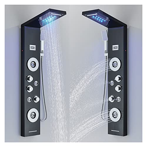 Panel de ducha negro con luz LED, cascada, ducha de lluvia, grifo mezclador y columna de masaje con pantalla de temperatura (9006x Negro cepillado) miniatura 6