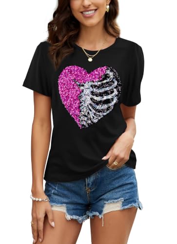Image of PESION Womens Short Sleeve T-Shirt Sequined Tops O-Neck Funny Graphic Tees Blouse