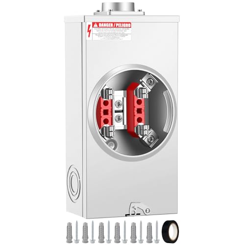 200 Amp Meter Socket 4-Jaw Electric Meter Base Box 600V Single Phase 3-Wire Ring Type with Horn Bypass Electrical Panel Mount Suitable for Residential Commercial Overhead/Underground Feed